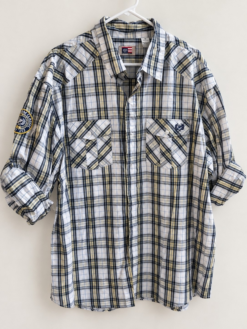 Phat Farm Men's Plaid Button-Down Shirt in White, Navy & Yellow